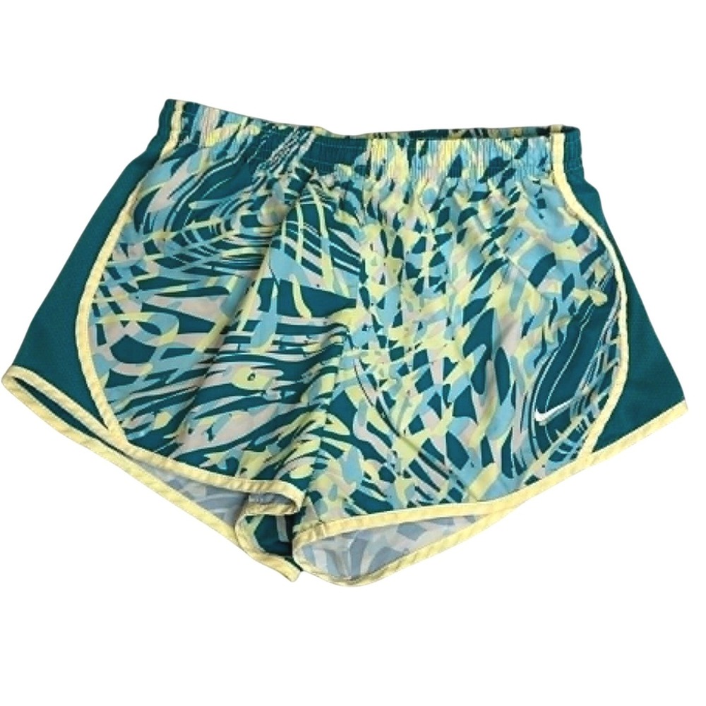 Nike Girls Dri-FIT Tempo Running Shorts Teal Blue Lime Abstract Print Size M